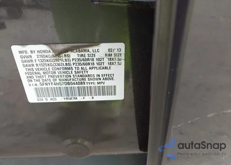 2013 Honda Pilot Ex-L from USA, damaged, VIN 5FNYF4H57DB044089